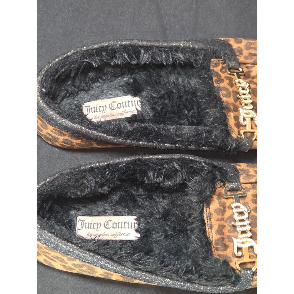 Juicy Couture Leopard Print Slippers Faux Fur Lined Rhinestone‎ Logo Women 10M - Picture 7 of 10